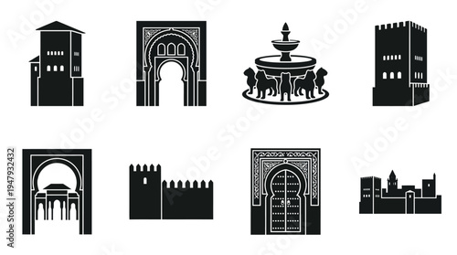Moorish-Andalusian Architecture Vector Icon Set – Islamic Heritage Vectors Featuring Horseshoe Arches, Fortress Walls, Lion Fountain, Minaret Tower, Palace Gate, and Courtyard Structures