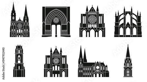 Chartres Cathedral Vector Icon Set – Gothic Architecture Vectors Featuring Twin Towers, Rose Window, Flying Buttresses, Bell Tower, Church Facade, Arch Entrance, and Cathedral Profile