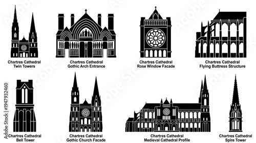 Chartres Cathedral Vector Icon Set – Gothic Architecture Vectors Featuring Twin Towers, Rose Window, Flying Buttresses, Bell Tower, Church Facade, Arch Entrance, and Cathedral Profile