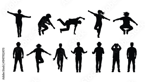 A set of black silhouettes of people in various poses
