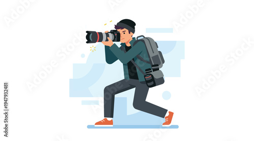 Young photographer captures moments with professional camera gear. He moves quickly, focused on his subject. Backpack suggests preparedness for any location