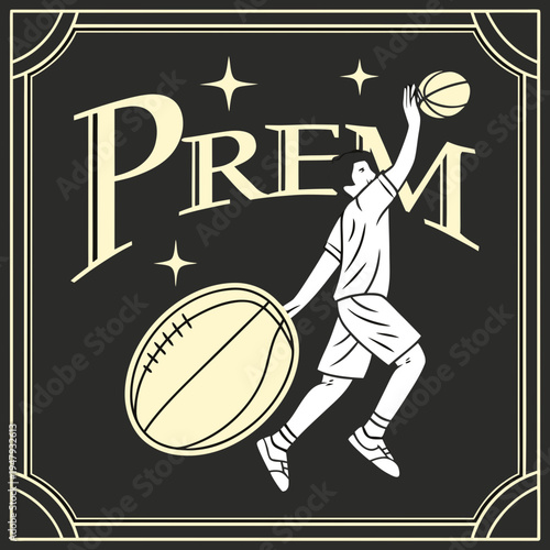 Vintage Basketball “PREM” Emblem — Retro Sports Logo with Player & Ball
