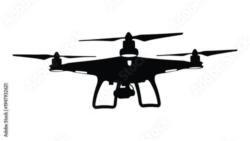A black drone with four rotors is shown