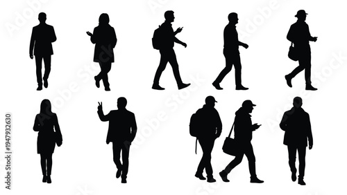 A group of people walking in different poses