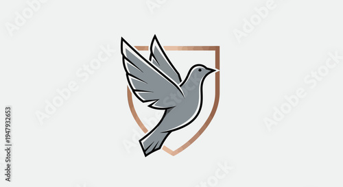 Stylized grey dove flying with outstretched wings in front of a bronze shield emblem. Peace, freedom, and protection concept graphic.
