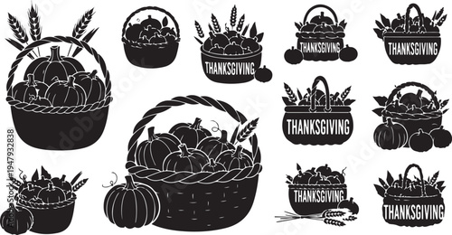 Black and white Thanksgiving icons with pumpkins and baskets