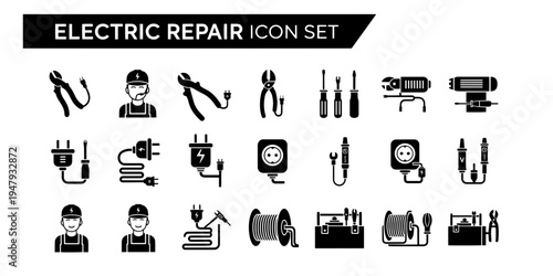 A professional minimalist vector illustration icon set for electric repair and maintenance services. This collection includes tools, electricians, and electrical equipment for industrial business.