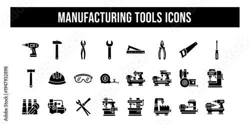 Minimalist Informational Set of Manufacturing Tools Icons Industrial Equipment and Workshop Safety Pictograms Vector Collection