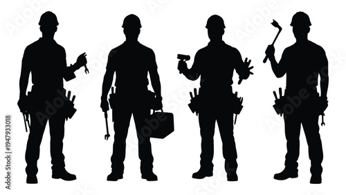 Four black silhouettes of men with tools