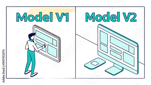 Model V1 vs Model V2 UI/UX Design Comparison: Mobile Tablet versus Desktop Computer Wireframes,  An isometric line art comparison of two design versions: Model V1 shows a person interacting