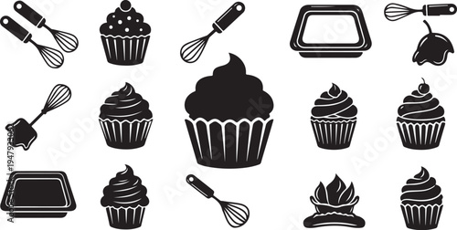 Black and white cupcake baking icons and utensils set