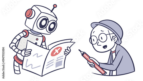 Robot and Man Confused by a Map with an X Mark, Illustration shows a confused man in glasses and a beanie kneeling on the right, holding a pencil, while a large-eyed robot on the left shows