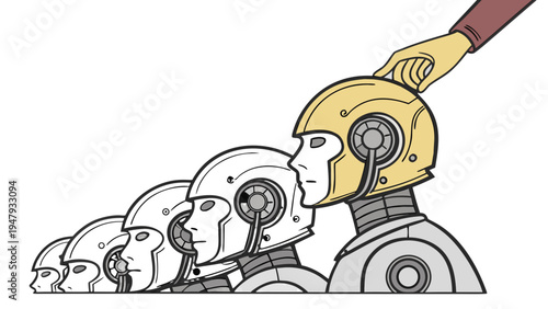 Golden Robot Head Being Selected by a Hand, illustration displays a line of four identical robot head profiles facing left. The three on the left are silver, while the largest, rightmost head