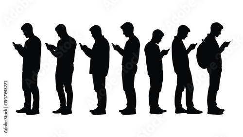 A group of people standing and looking at their phones