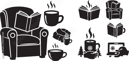 Cozy winter reading and relaxation icon set for design