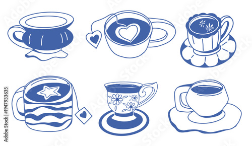 Set of blue doodle tea cups with hot drink and decorative details