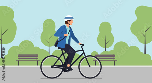 Commuter cycling to work in park, healthy lifestyle, eco-friendly transport