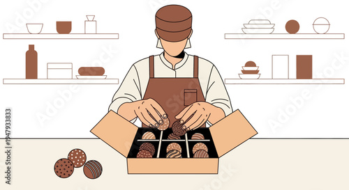 Confectioner arranging artisanal chocolates in gift box, homemade sweets, pastry chef at work