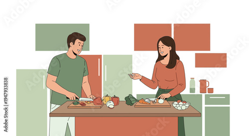 Couple cooking healthy food together in a modern kitchen, chopping vegetables for a meal
