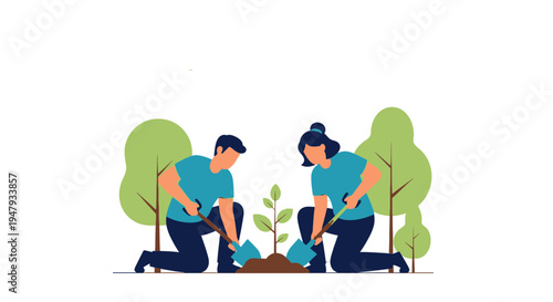 Couple planting a tree together in a park, environmental conservation and teamwork