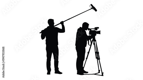 Silhouette of a cameraman and a boom operator on a film set