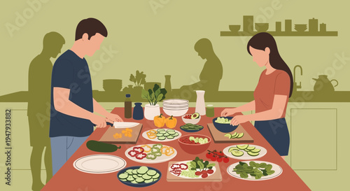 Couple preparing healthy food, chopping vegetables and making salad in kitchen, healthy lifestyle