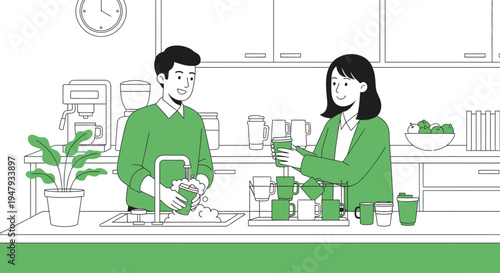 Couple washing dishes and tidying up kitchen after coffee break at work