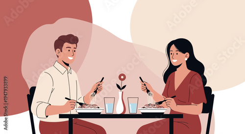 Couple enjoying a romantic dinner date, eating pasta and drinking water at a table.