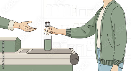 Customer hands bottle of liquid to cashier at checkout counter in store