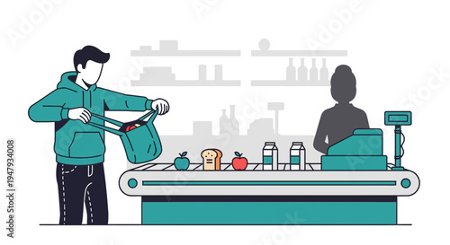 Customer Unloading Groceries at Supermarket Checkout Conveyor Belt