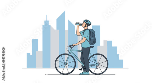 Cyclist drinking water with city skyline background, urban transport, healthy lifestyle
