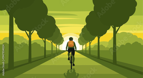 Cyclist riding on a road lined with trees at sunset, green landscape, healthy lifestyle