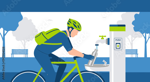 Cyclist Refilling Water Bottle at Public Fountain in Park