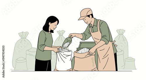 Customer buying rice from a vendor at a market, bulk food sale, healthy eating concept