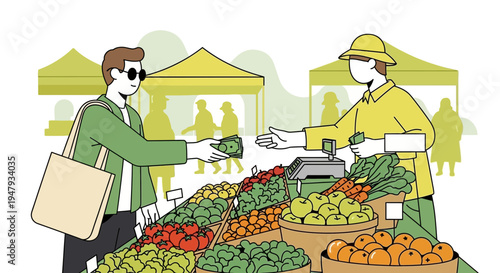 Customer buys fresh produce at a vibrant outdoor farmers market stall.