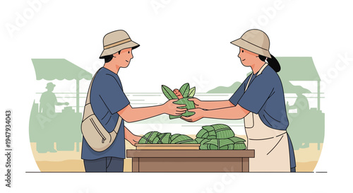 Customer buying fresh vegetables at an outdoor farmer's market stall