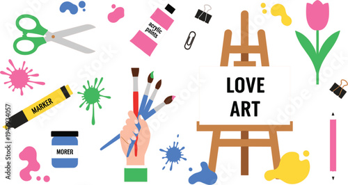 Vibrant Art Supply Collection Featuring Wooden Easel Paint Brushes Acrylic Paints and Colorful Splatters for Creative Studio Branding