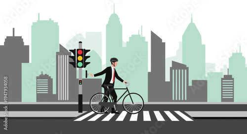 Cyclist waiting at traffic light on crosswalk in city, urban commute concept