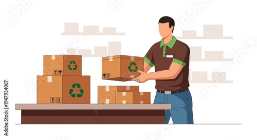 Delivery worker stacking cardboard boxes with recycling symbols on a table