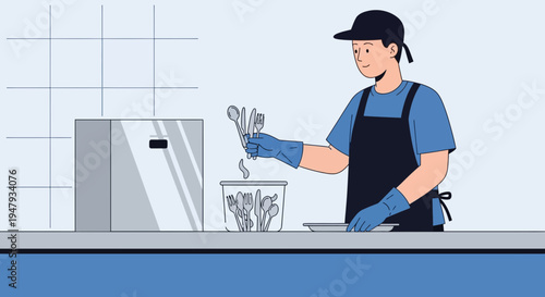 Dishwasher worker washing dishes in a restaurant kitchen, cleaning utensils
