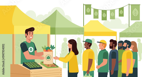 Diverse customers queue at a vibrant farmers market stall, buying fresh produce from a smiling vendor.