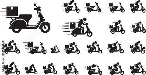 Delivery riders on scooters with packages in motion graphics
