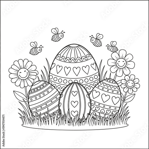 Easter eggs and flowers coloring page