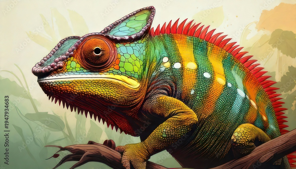 Fototapeta premium Colorful Chameleon Portrait - A Vibrant Display of Natures Artistry.