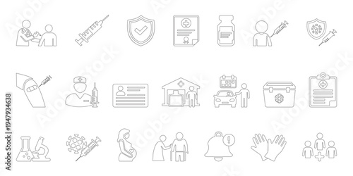 Set of 20 Outline Vaccine and Immunization Icons Vector for Medical Healthcare, Covid-19 Prevention, and Public Health Campaigns