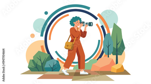 Modern Woman Photographer in Nature Landscape for Travel Landing Page Design