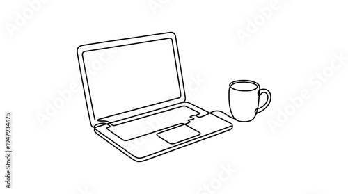 Laptop with Coffee Cup Continuous Single Line Minimalist Work From Home Line Art Illustration