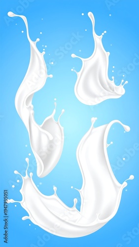 Digitally created illustration of four fluid white splashes against a gradient blue background. Realistic representation