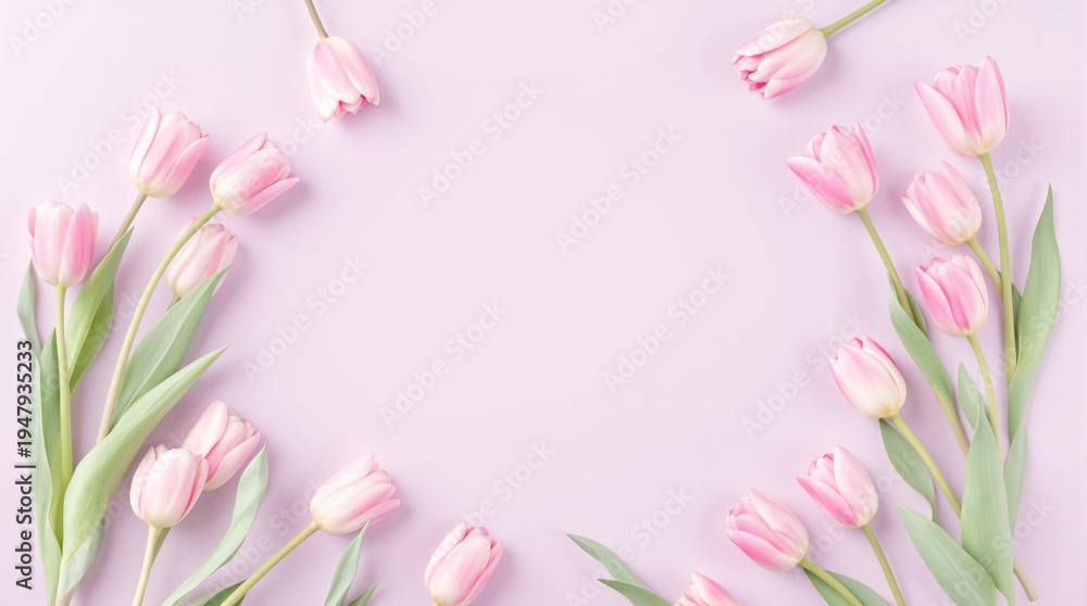 Obraz premium Delicate pink tulips forming a circular frame on a pastel pink background with copy space.