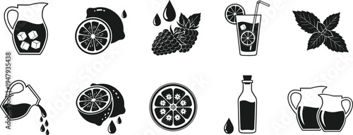 Fresh lemonade and fruit icon set, cad drawing flat vector illustration, lemon, raspberry, mint, pitcher, glass with straw, citrus juice.